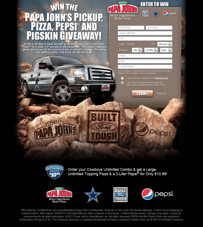 Papa John's Pickup, Pizza, Pepsi and Pigskin Giveaway screenshot